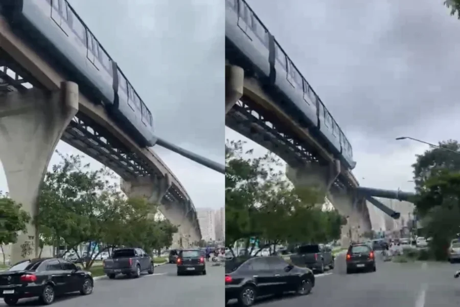 trem bate em guindaste que desaba sobre avenida